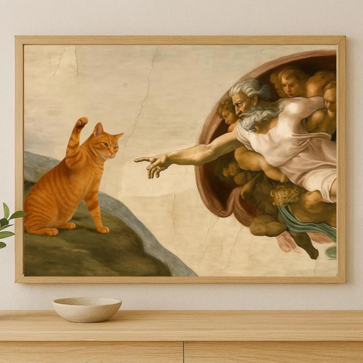 Home Decor Orange - Kreatywny 'Stworzenie Adama' z pomarańczowym kotem,